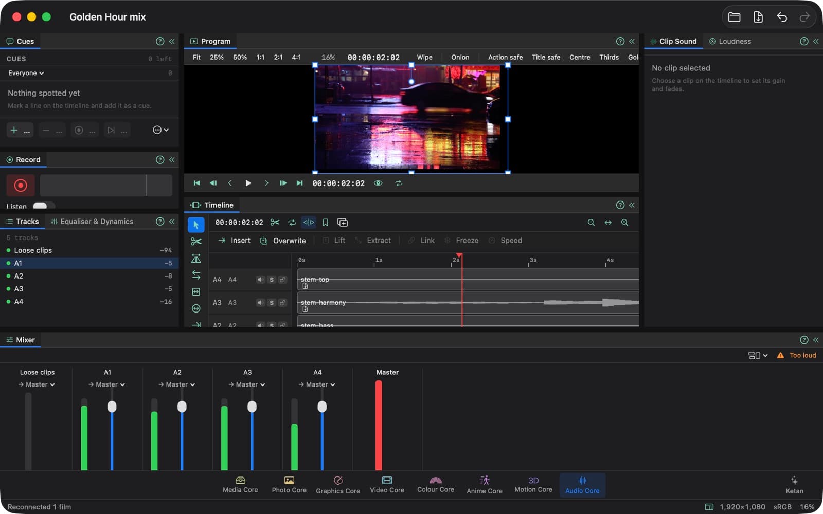 Accord Suite's Audio Core: Four stems in the mixer, with their levels and the timeline.