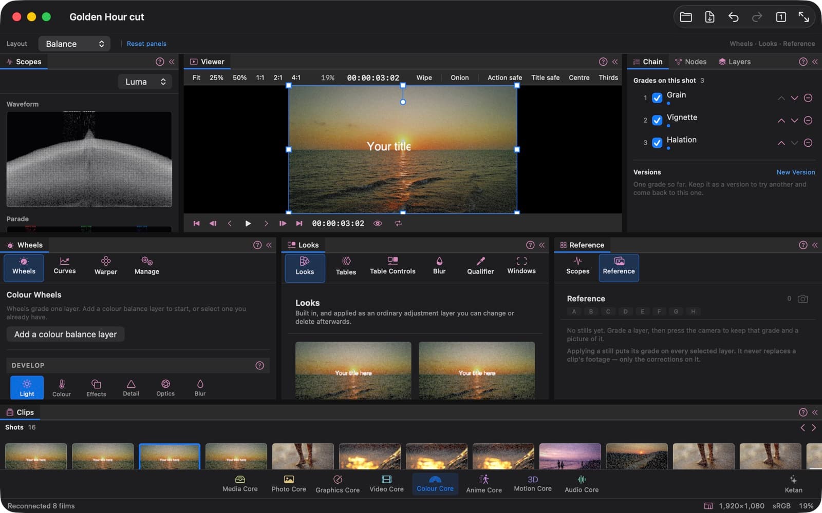 Accord Suite's Colour Core: A shot graded with grain, vignette and halation, beside its waveform and the strip of shots.