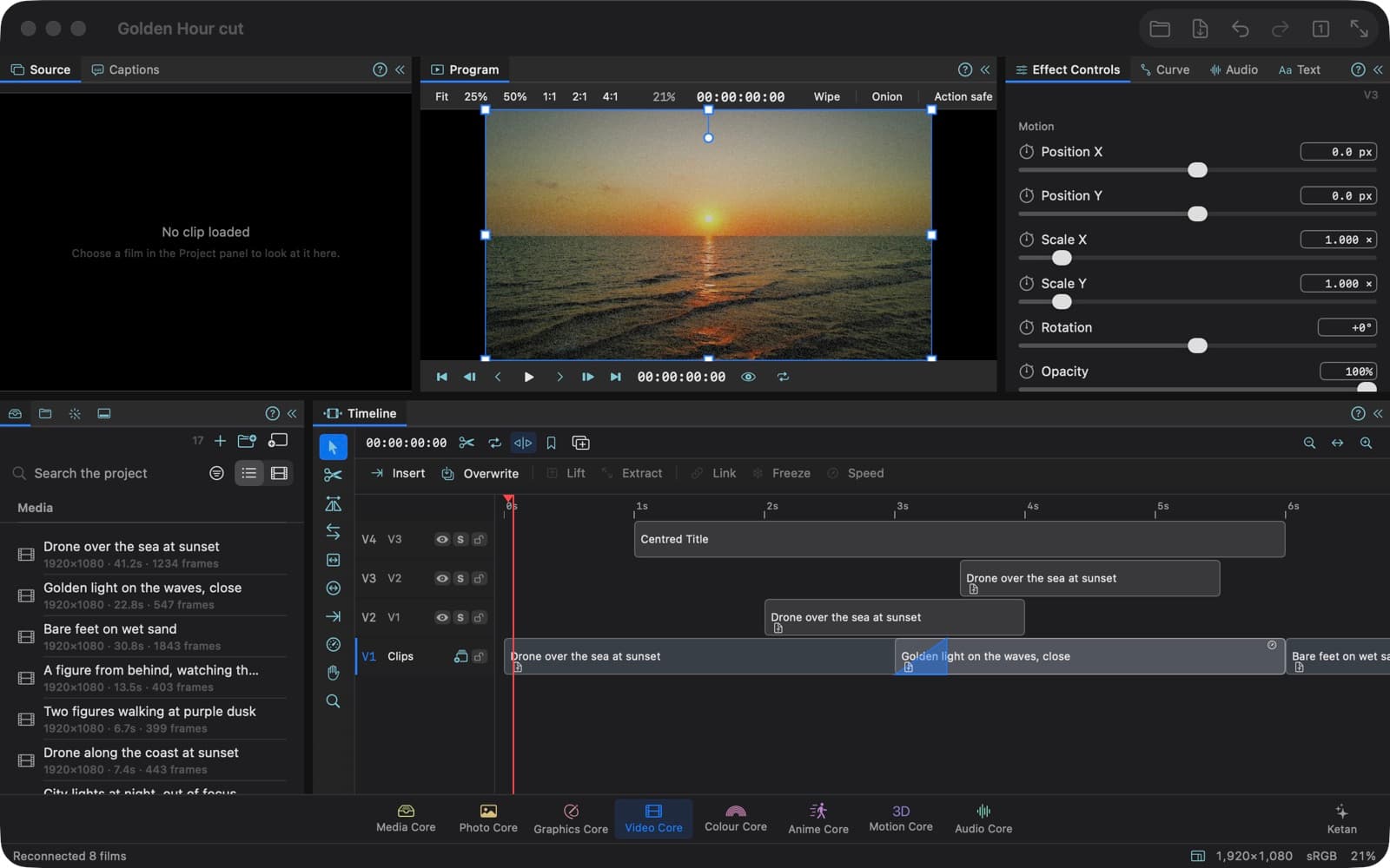 Accord Suite's Video Core: A cut on four tracks of shots, a dissolve and a title, with its first frame in the Program monitor.